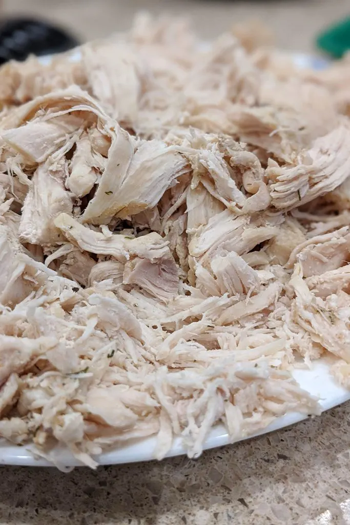 Pulled chicken strands on a white plate. This will be added to a broth with carrots as the base for Chicken and Dumplings.