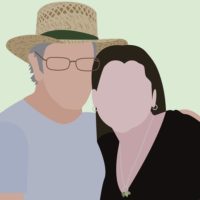 Modern drawing of a woman and older man with hat.