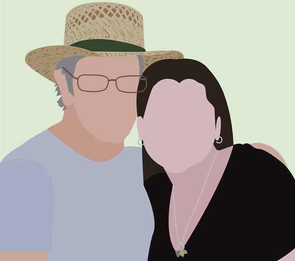 Modern drawing of a woman and older man with hat.